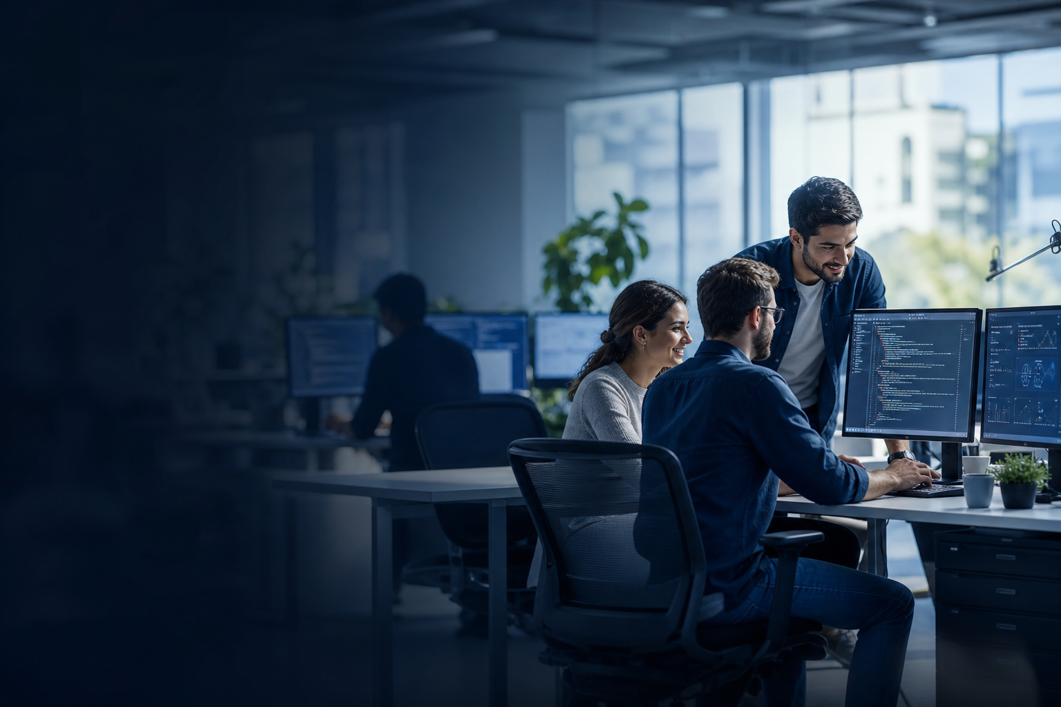 Software development team collaborating in a modern office